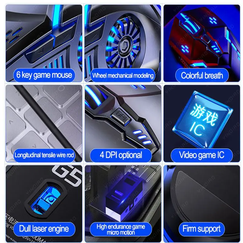 

Dere G5 Wired Gaming Mouse 6D 4-Speed DPI Adjustable RGB 7 Color Backlight For PC Laptop Breathing Portable Mouse for Computer
