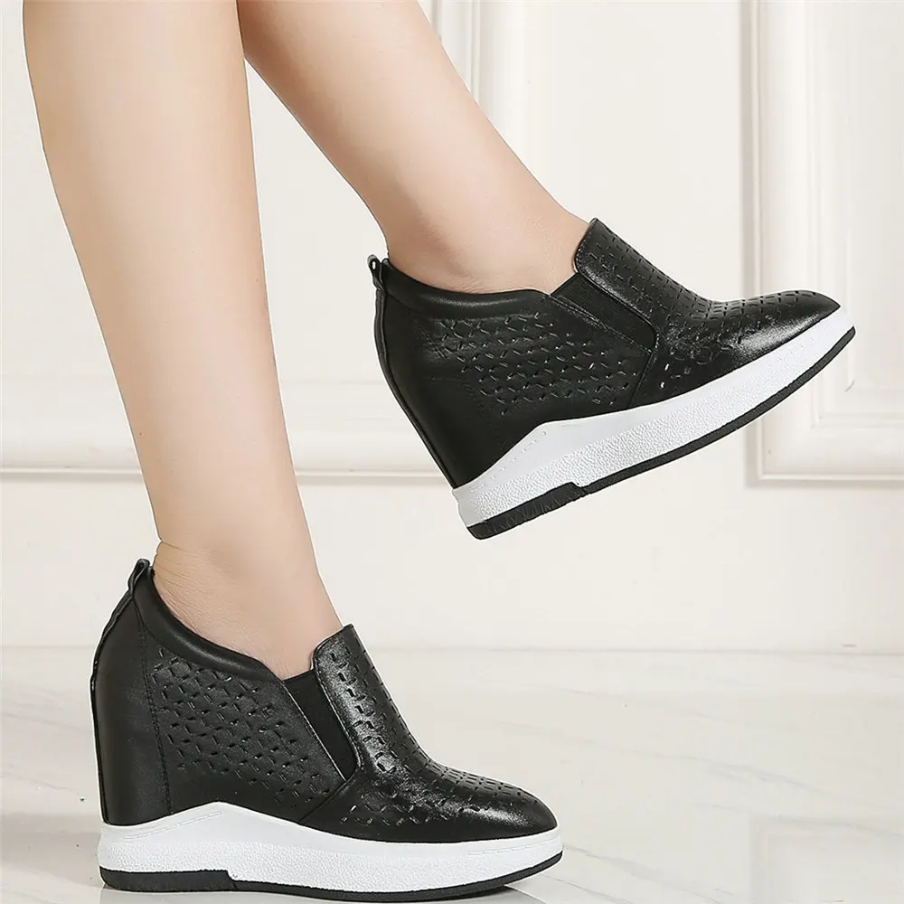 

Summer Platform Pumps Women Breathable Genuine Leather Wedges High Heel Ankle Boots Female Low Top Round Toe Fashion Sneakers