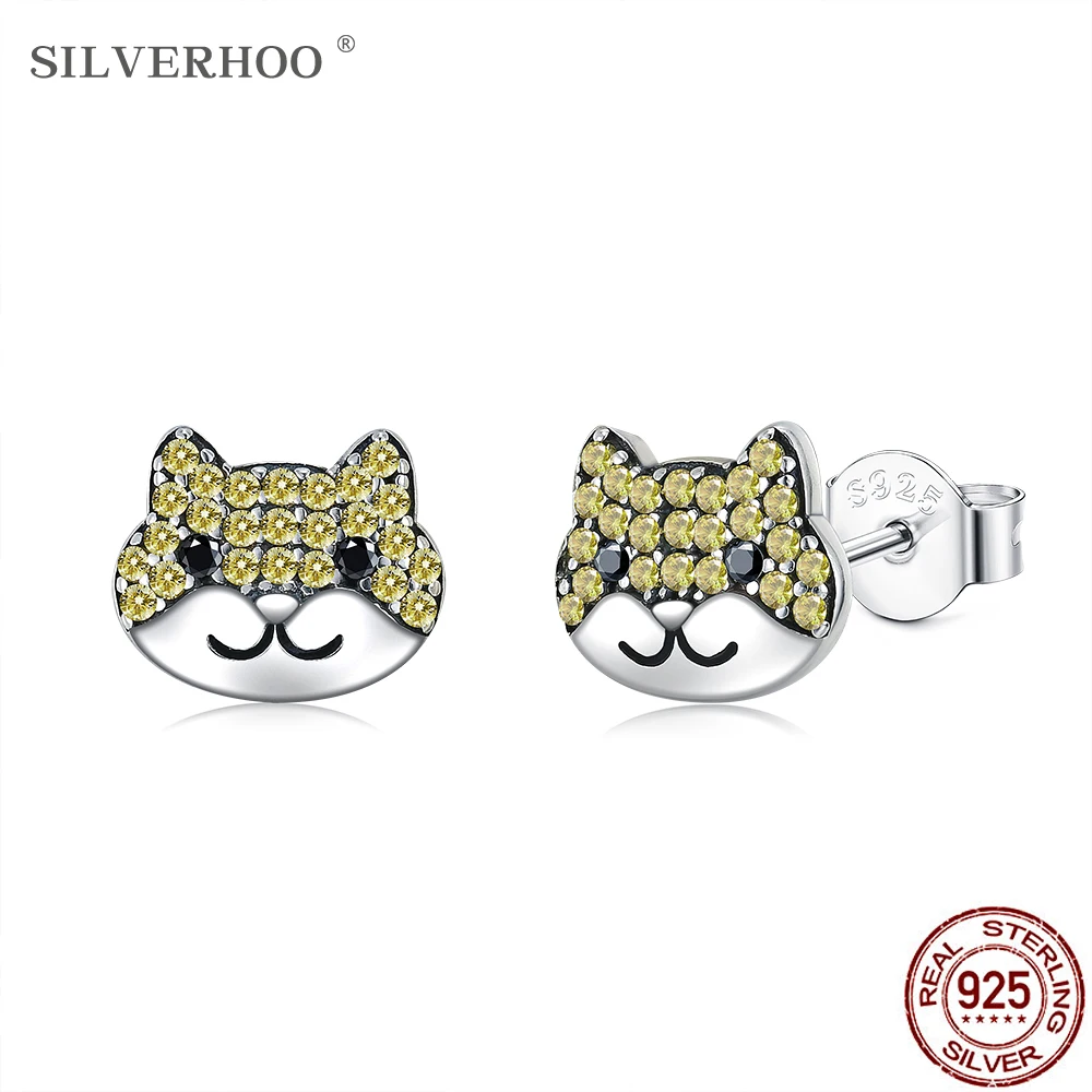 

SILVERHOO 925 Sterling Silver Cute Dog Animal Earrings For Women & Girl Dazzling Yellow Cubic Zircon Stud Earring Silver Jewely