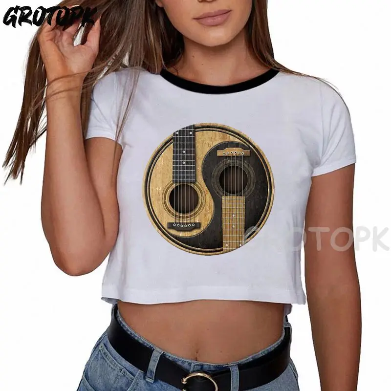 

Acoustic Guitars Yin Yang Shirt Oversize Casual Short Sleeve Crop Top Woman Cartoon Cute Summer Women's Clothing Women's Blouse