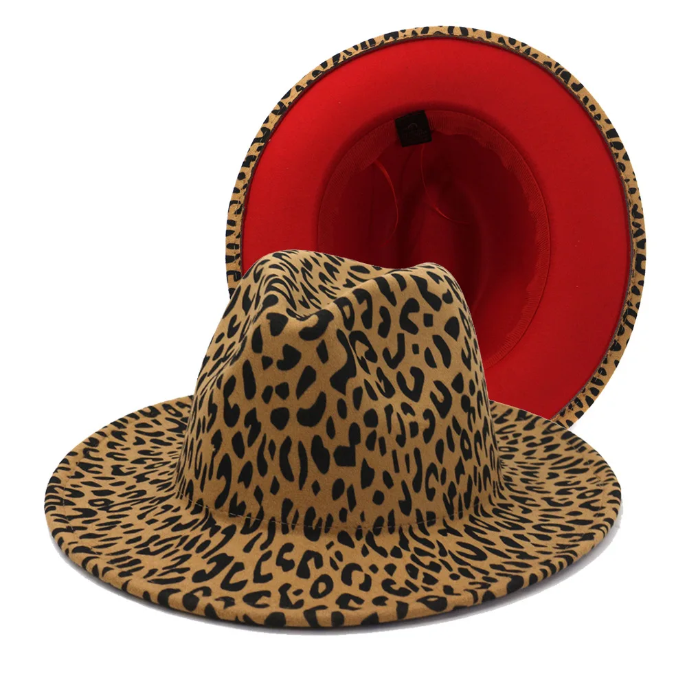 

Wide brim leopard red fedora hat for fall winter men women double-sided color matching fashion jazz hat Panama wedding hat