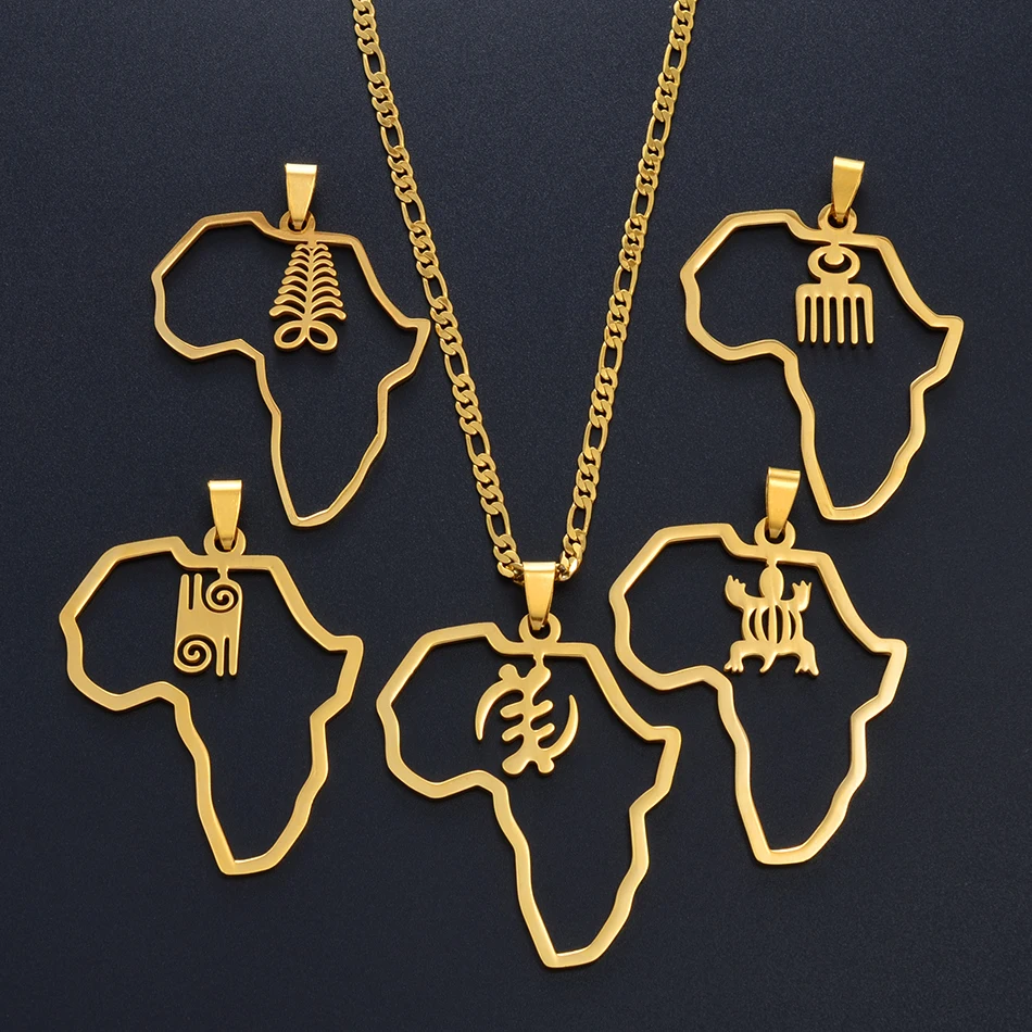 Anniyo African Map &amp Cultural Symbol Pendant Necklaces Women Men Gold Color Adinkra Gye Nyame Africa Ethnic Jewelry #129721 | Украшения