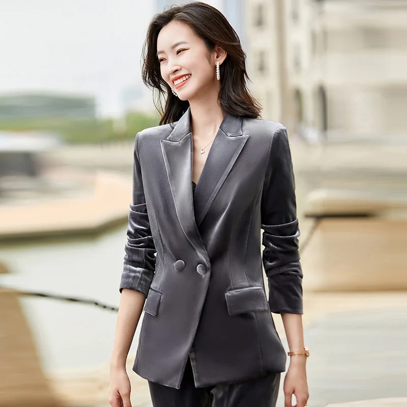 IZICFLY Autumn Winter High Quality Velvet Office Ladies Suit with Pant Two Piece Women Business Blazer Set For Interview Work