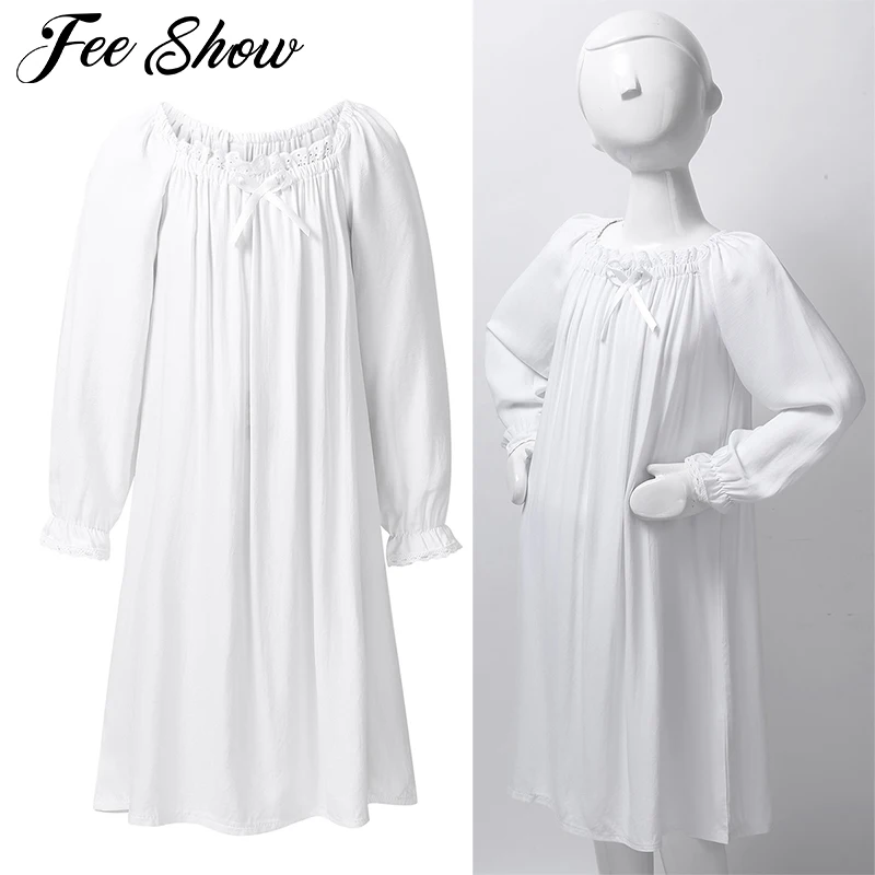 Белая детская винтажная мягкая хлопковая ночная рубашка с длинным рукавом для