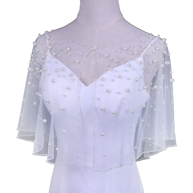 

Wedding Wraps Capes Soft Tulle Shawls with Pearl Beads Embroidery Bridesmaid Capelet Shrug for Party Evening Dress