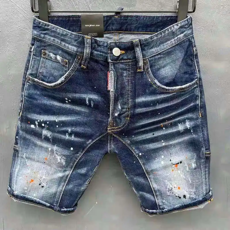 

New Dsquared2 Trendy Men's Ripped Jeans Fashion Stitching Washed Paint Micro-Elastic Five-Point Shorts For Men