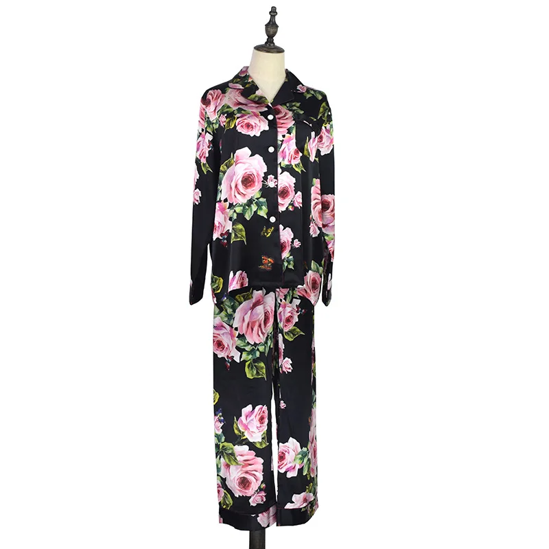 Women Silk Pajamas Set Sleepwear Spring Long Sleeve Mujer Pijamas Nuisette Lingerie Nightwear Silk Satin Rose Pyjamas Suit 2Pcs