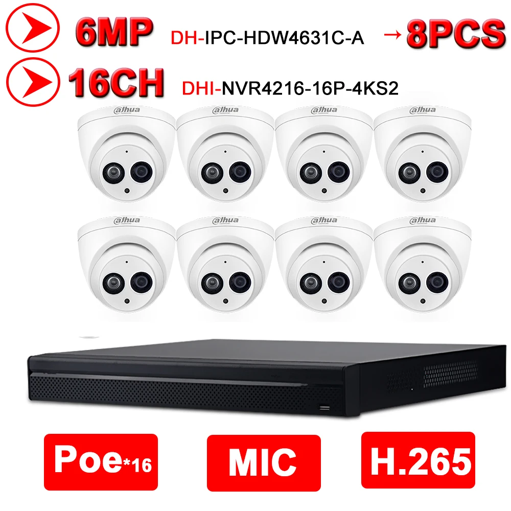 

Сетевой видеорегистратор Dahua NVR Kit 6MP 16 + 8 видеонаблюдения Камера 8 шт. 6MP IP Камера IPC-HDW4631C-A 16POE 4 к NVR NVR4216-16P-4KS2 наблюдения Секьюрити