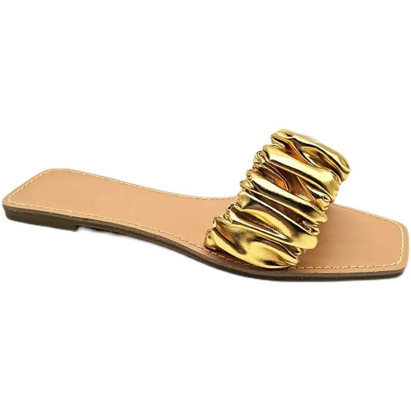 

Shoes Womens Slippers Outdoor Big Size Pantofle Slides Flat Soft 2021 PU Rome Rubber Casual Pleated Basic Leisure Shoes Woman 20