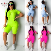 solid color women set plus size casual tracksuit summer sports short sleeve shorts suits 2pcs fitness fashion female outfits