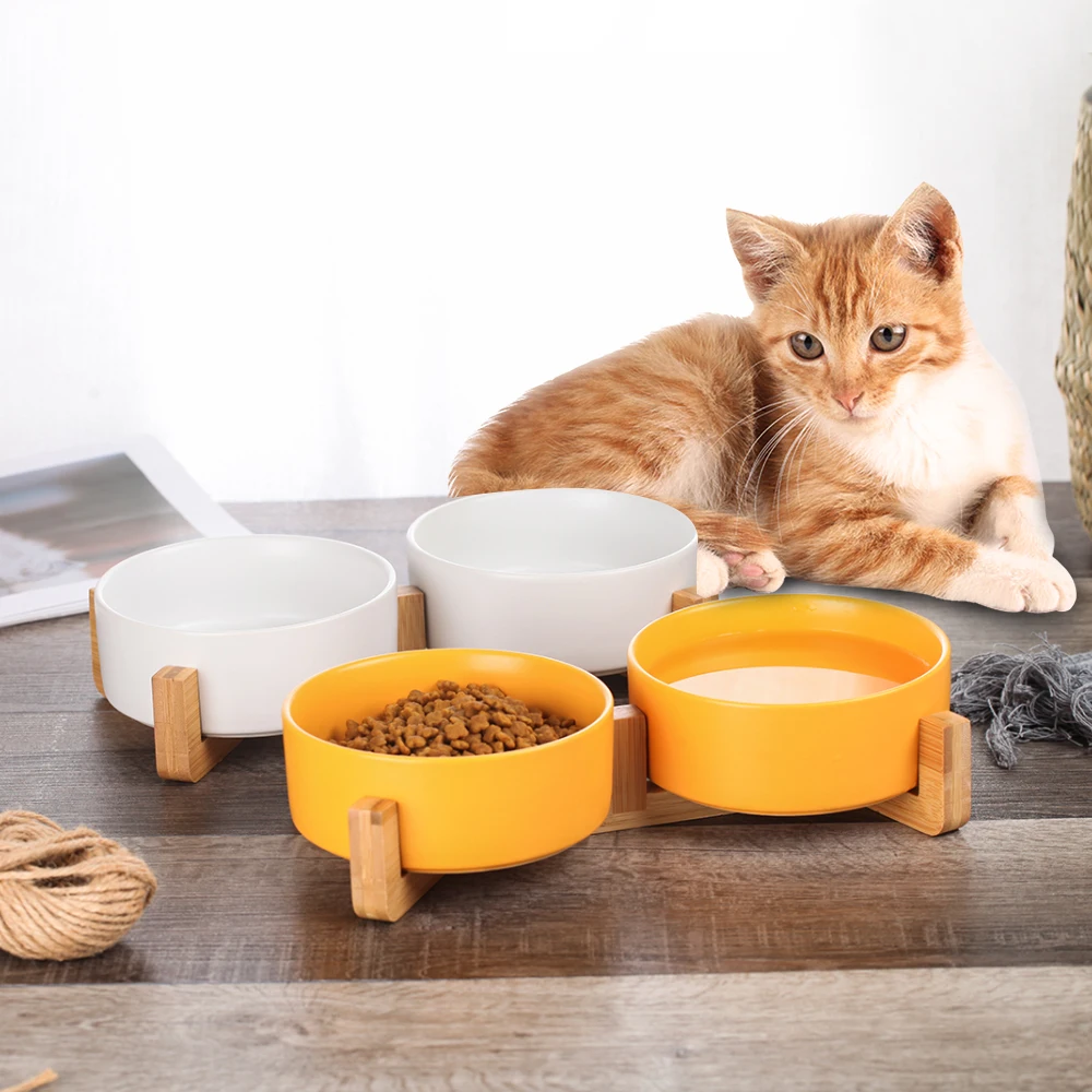 

Feeder Cats Small Dogs Pet Bowl Ceramic Cat Dog Bowl Dish with Wood Stand No Spill Pet Food Water - Small Dog Feeding Tools