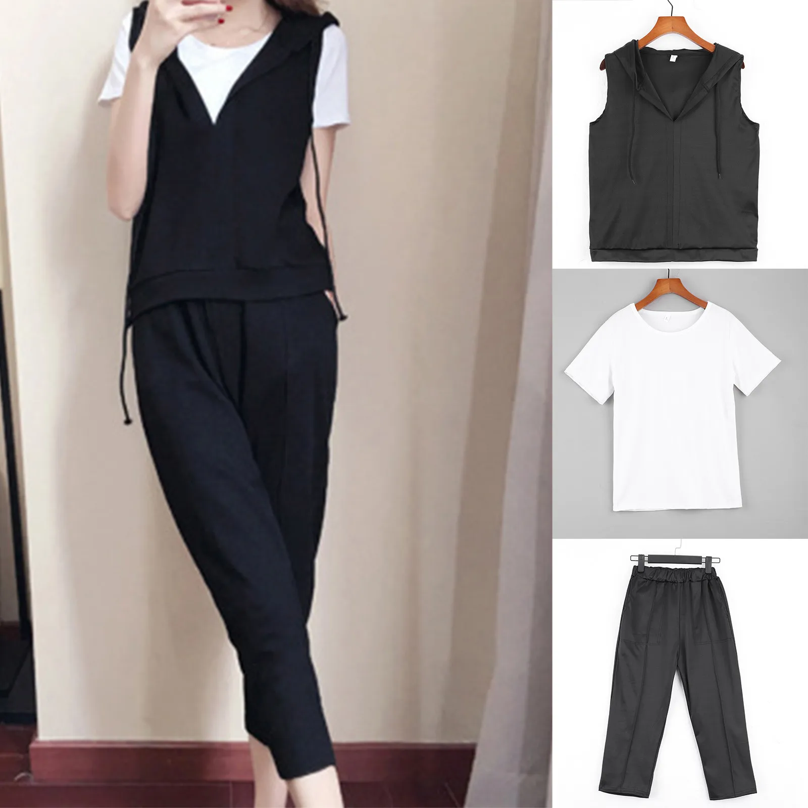 

Женская Повседневная футболка с короткими рукавами и жилет брюки с карманами Комплект из трех предметов 2021 Летние повседневные штаны набор...