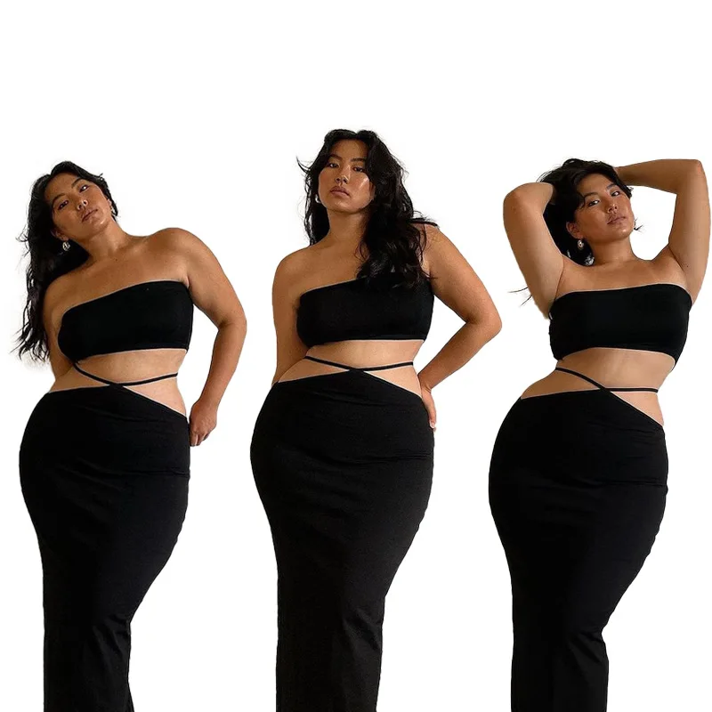 

XL-5XL Лето 2021 женская одежда размера плюс комплект Клубные пикантные однотонные Цвет застежкой-молнией на спине и длинная юбка комплект из дв...