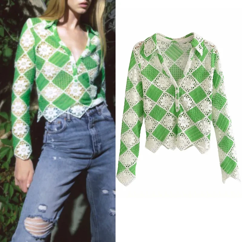 

Женский вязаный укороченный топ Za, зеленая блузка на пуговицах с длинным рукавом и цветочным принтом, с вырезами, летний кардиган, 2021