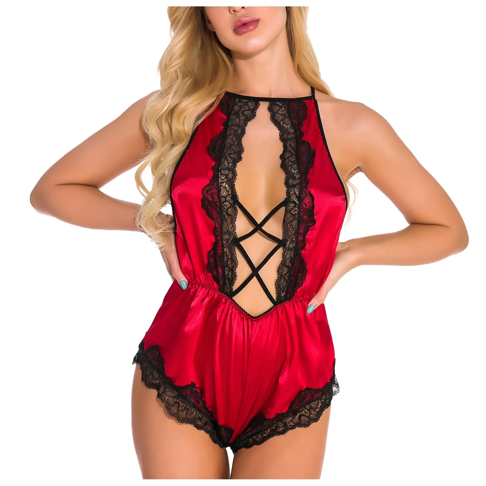 

Женская модная пикантная кружевная Пижама с лямкой на шее и открытой спиной, очаровательное нижнее белье, женское нижнее белье