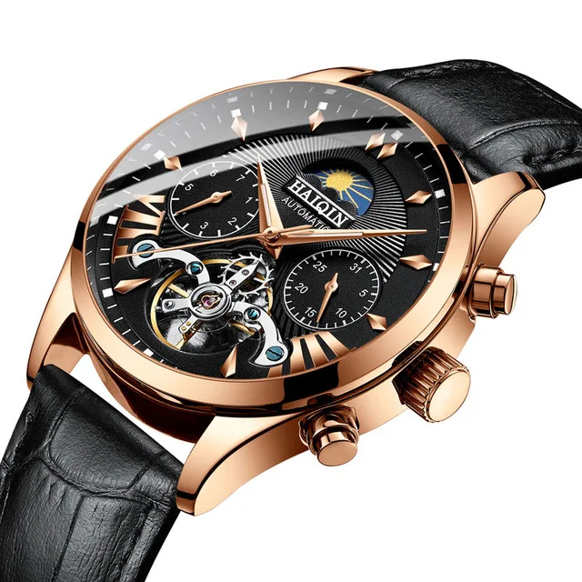 L-Gold Black HAIQIN автоматические механические часы, спортивные часы, модные повседневные часы с ремешком из нержавеющей стали, кожаные Наручные часы для мужчин, Relogio Masculino - Цвет: L-Gold Black