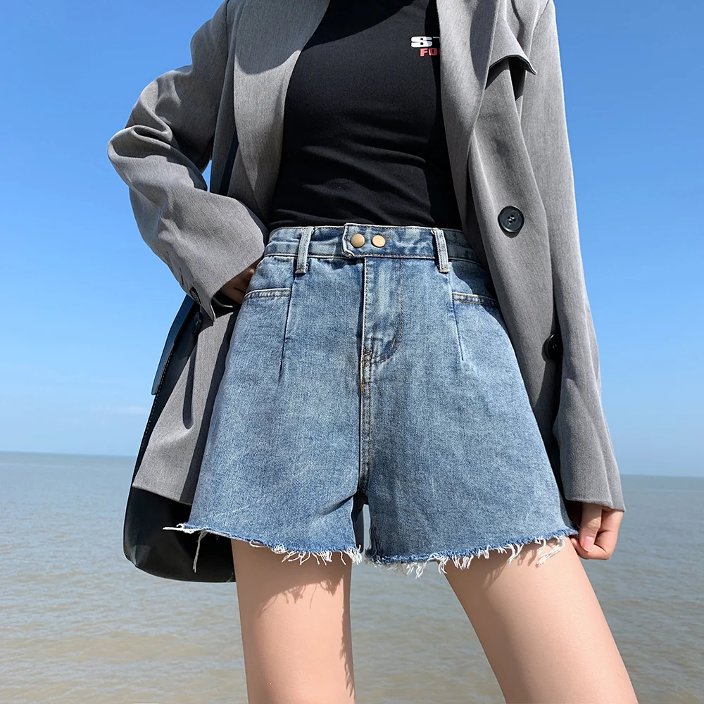 

Women Solid Shorts Jeans Summer 2020 Retro Raw Edge Baggy Mom Jeans gray High Waist Zipper Fly Casual Bottoms Vaqueros Mujer