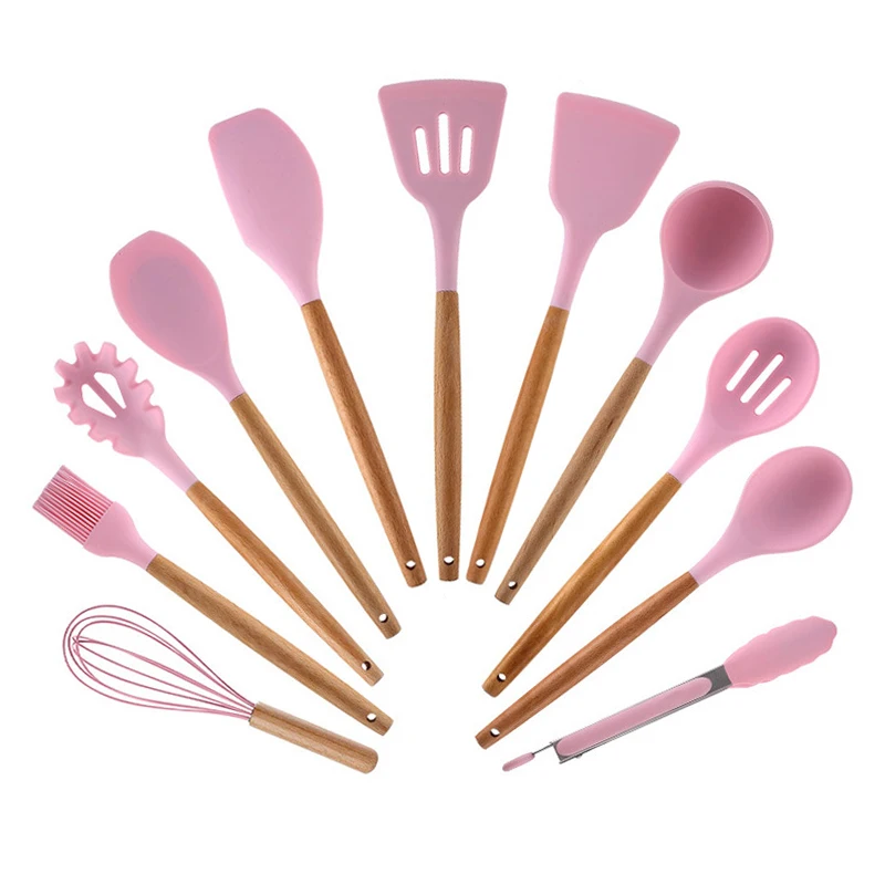 

12 in 1 Silicone Kitchen Utensils Eco-friendly Cooking Sets Heat Resistant Wooden Handle with Storage Box Kitchen Accessories