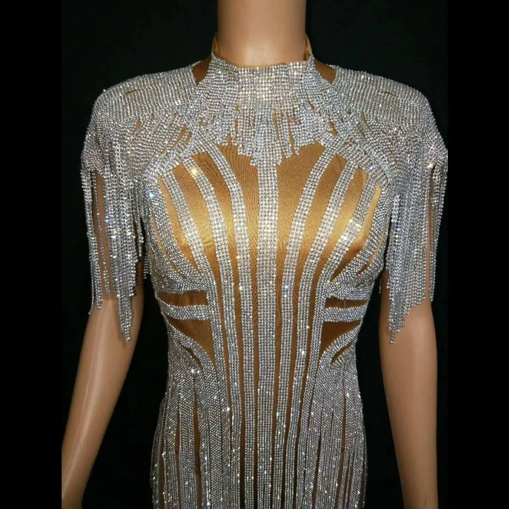 Shining Rhinestones Long Tassel Party Bodysuits Nightclub Sexy Fringes Leotard Women Jazz Singer Dancer Bodysuit Stage Clothing