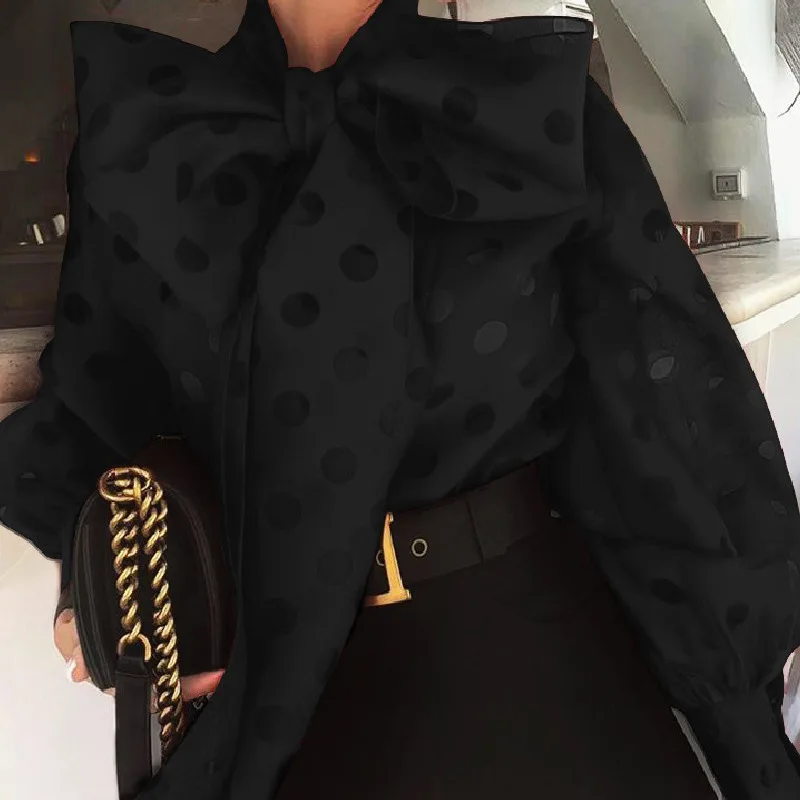 Женская блузка в горошек полупрозрачная рубашка с бантом на воротнике и рукавами