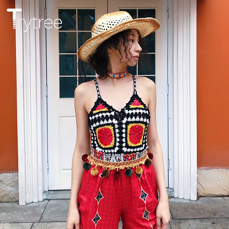 

Trytree 2021 Summer Casual Women Tank Top Color Geometric Red Knitted Sexy Holiday Fashion Ethnic Style Vest Tops for Women