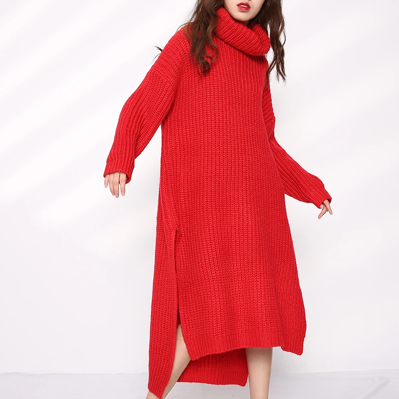 

long - women's sleeve knitted sweater, loose sweater, high collar, long sleeve, red fabric, fashion, autumn and winter,