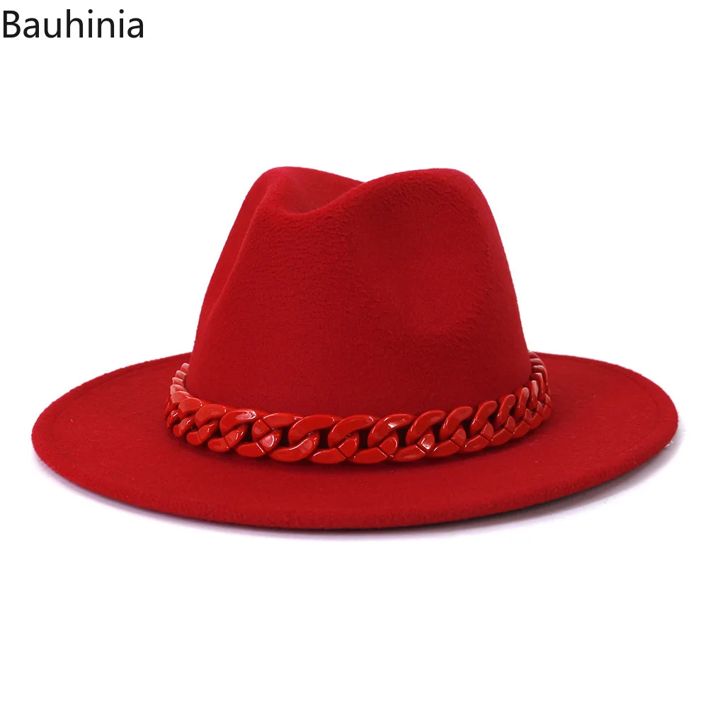 

Bauhinia New Wool Jazz Fedora Hats With Candy Color Chain Wide Brim Felt Panama Hat Trilby Formal Party Cap