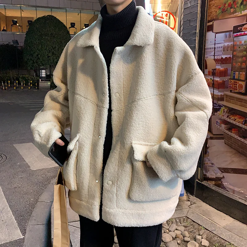 Winter Thick Lamb Fur Jacket Men Warm Fashion Casual Short Coat Men Loose Retro Brown Gray White Coat Mens Cotton Outerwear