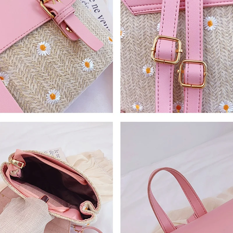 

Little Daisy Women's Straw Bag Fashion Woven Leather Backpack Student School Bag Travel Beach Backpack