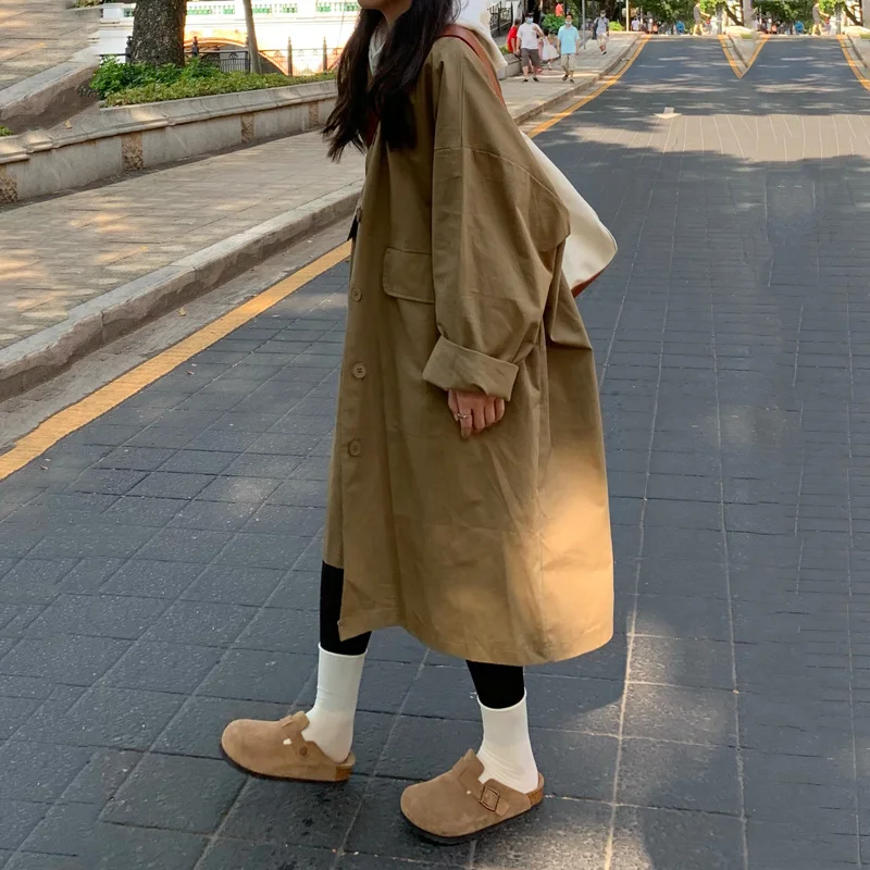 

Women Trench Solid Khaki Long Trenchs Coat for New Spring Autumn Windbreaker Double Breasted Slim Korean Style Comfortable