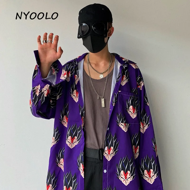 NYOOLO Харадзюку Стиль Уличная мультфильм Стрекоза Вегета печати рубашка осень Свободная рубашка с длинным рукавом Женская Мужская одежда Топ