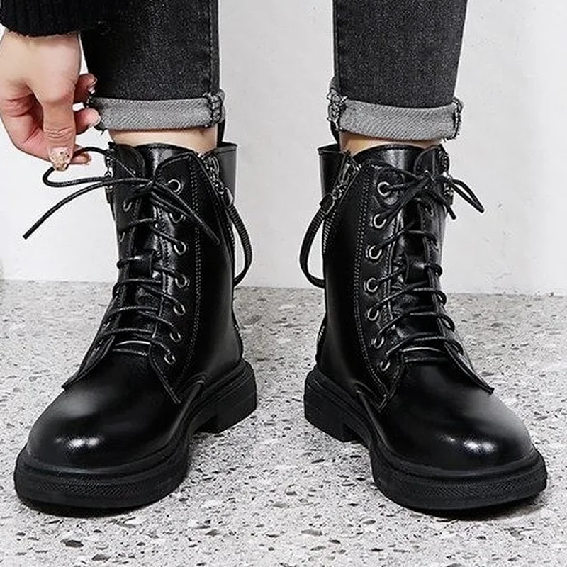 

Женские повседневные ботинки из искусственной кожи на шнуровке с круглым носком, осень 2021, новая мода, женские мотоциклетные ботинки на пла...