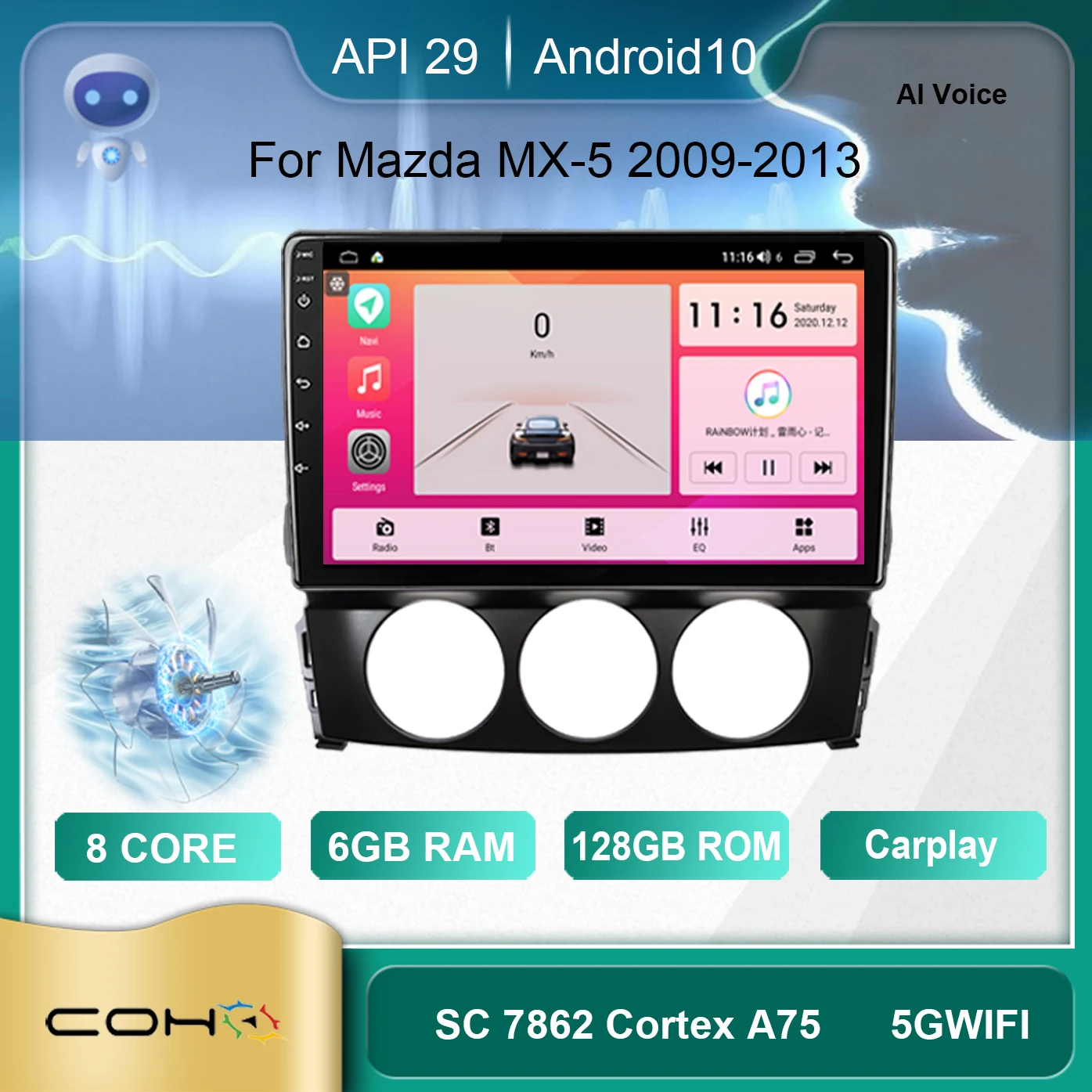 Для 2009 Mazda MX 5 2013 андроид 10 AI голосовых 8 Core 6 + 128G Gps Wi Fi 4G Радио Android автомобильный