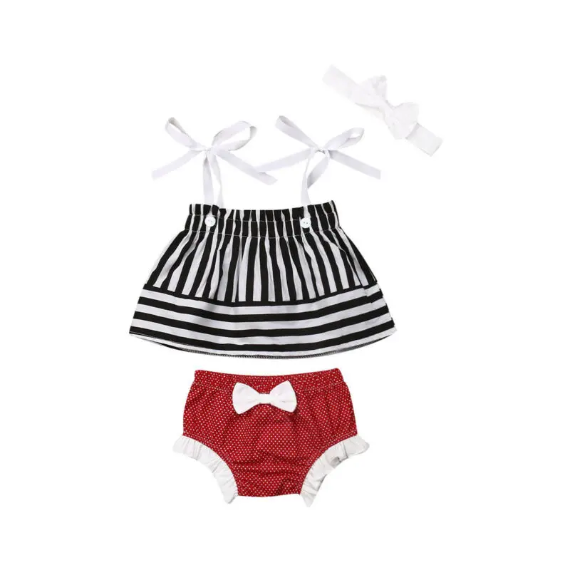 

Newborn Baby Girl Kid Striped Sling Tops +Pants + Headband Summer Clothes Set