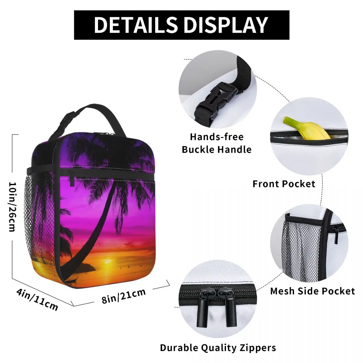 

Palm Tree Silhouette On Tropical Beach Lunch Bag for Women Men Large Insulated Lunch Box with Water Bottle Holder and Pockets
