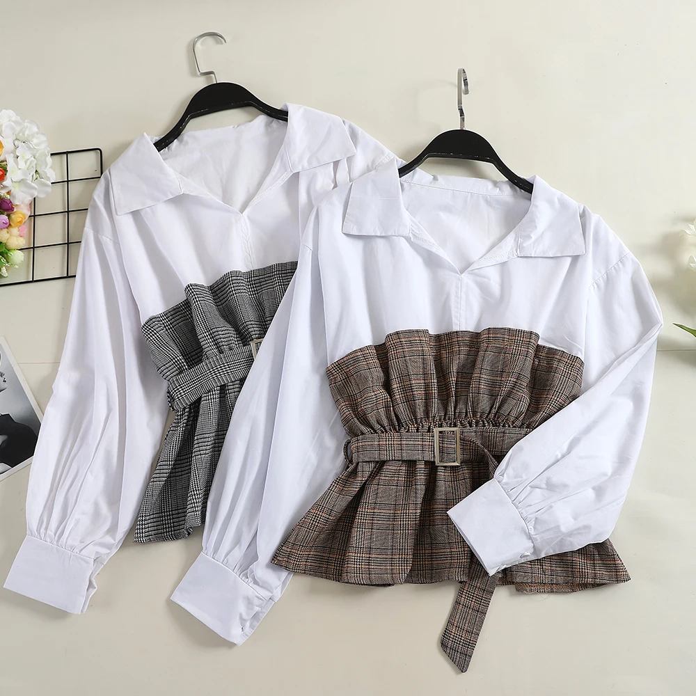 Женская блузка в клетку с длинным рукавом свободная белая поясом весна 2020 |