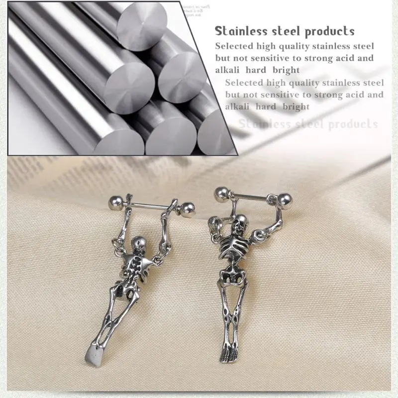 

2PCS Punk Rock Stainless Steel Skull Skeleton Drop Earrings Fashion Jewelry