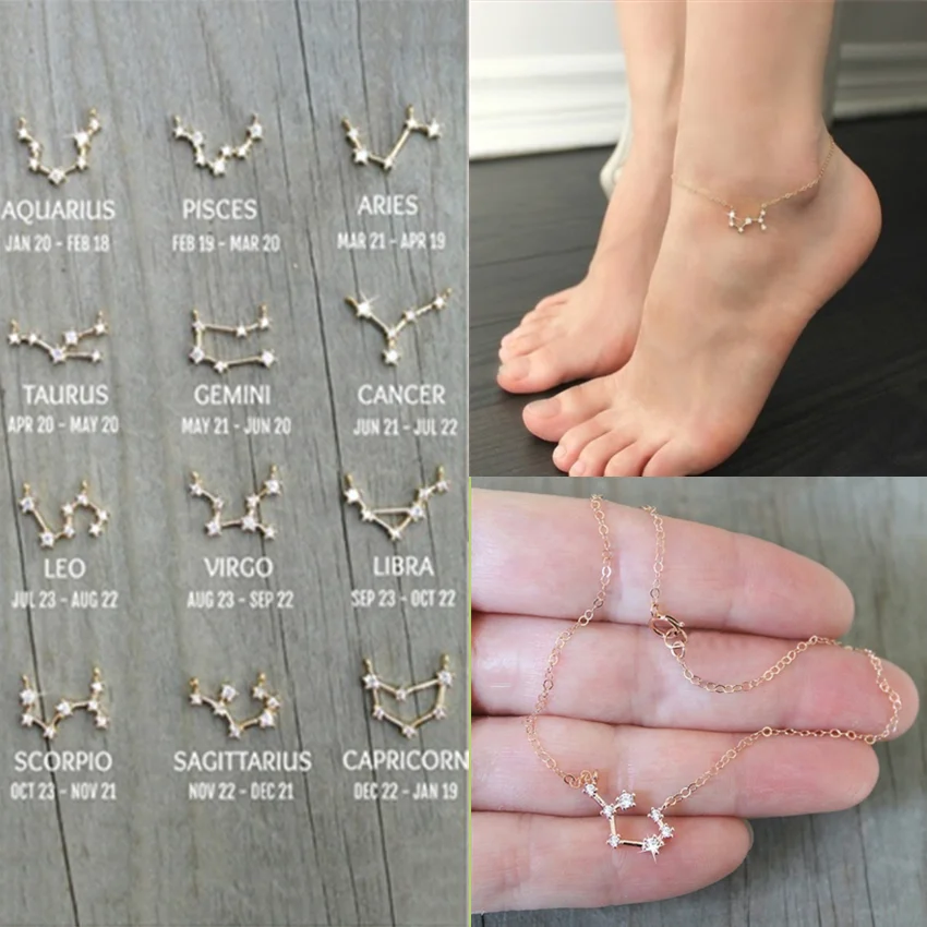 

Cxwind Boho Charm 12 Constellations Anklet for Women Girl Geometric Zircon Zodiac Foot Chain Anklets Statement Feet Jewelry