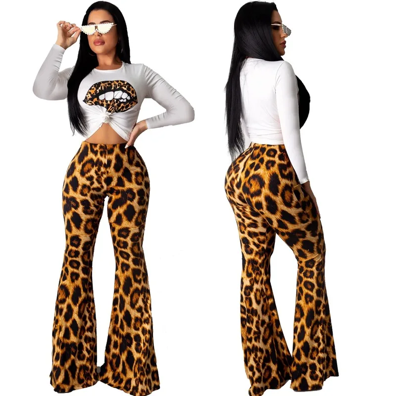 

Two Piece Set Women Festival Clothing Leopard Lips Print Tops Cheetah Flare Pants Matching Sets Sexy 2 Piece Outfits HAOOHU