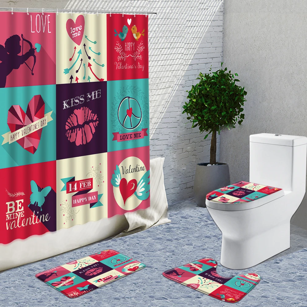

Red Rose Flower High Cup Shower Curtain Fabric 4 Pieces Set Bath Set With Carpets And Curtains Bathroom Supplies Valentine's Day