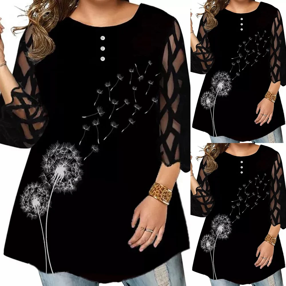 

Mesh Sleeve Casual Loose Women Shirt Dandelion Print O-neck Button Elegant Blouse Fashion 3/4 Sleeve Plus Size Tops L-6XL D30