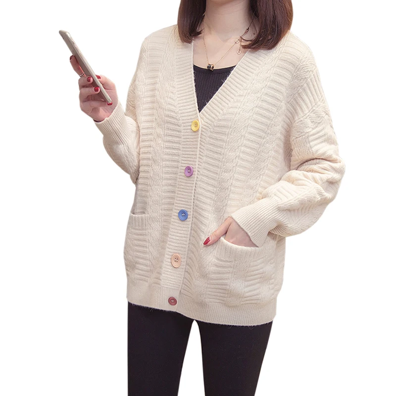 

Fashion V-neck Women Spring New Casual Knitted Cardigans Solid Color Loose Long Sleeve Elegant Sweater Coats Female