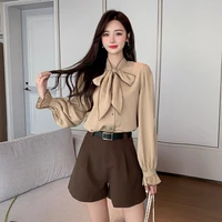 2022 spring new female shorts wear suit fashion casual bow shirt and high waist wide legs shorts office lady two piece set