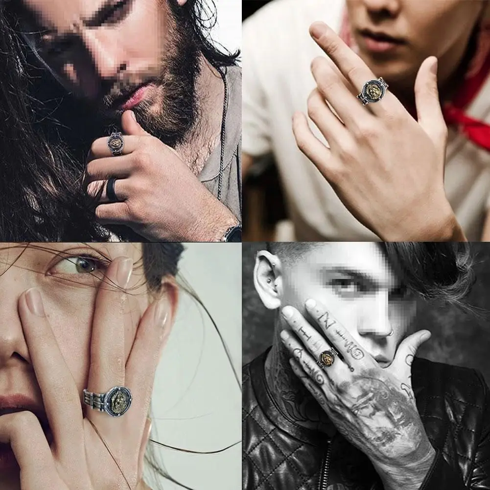 Регулируемое кольцо в ретро-стиле с рельефной резьбой виде короля льва |