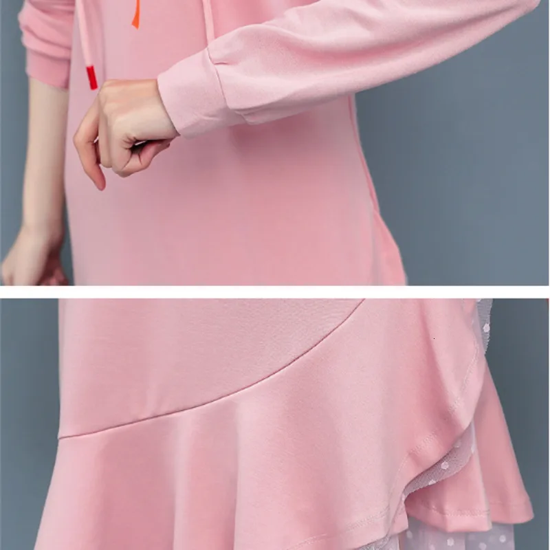 

#2606 Autumn Black Pink Casual Hooded Sweatshirt Dresses Women Asymmetrical Mini Dress Ladies Plus Size Split Joint Ruffles