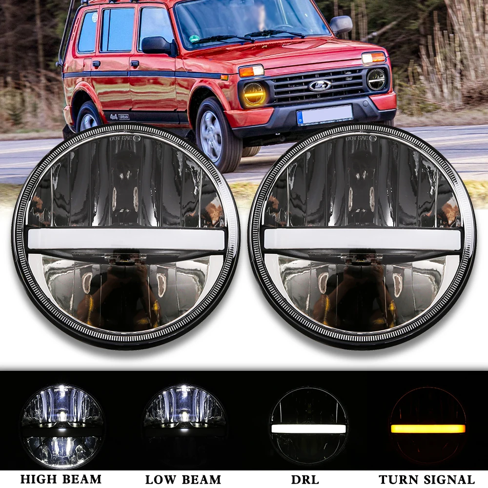 1Pair Running Lights Car Led H4 7inch Car Accessories Angel Eyes H4 Led Headlight For Lada Niva 4X4 Uaz Hunter Hummer