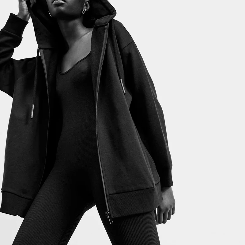 Женская толстовка с капюшоном KUMSVAG черная Свободная Толстовка длинным рукавом на