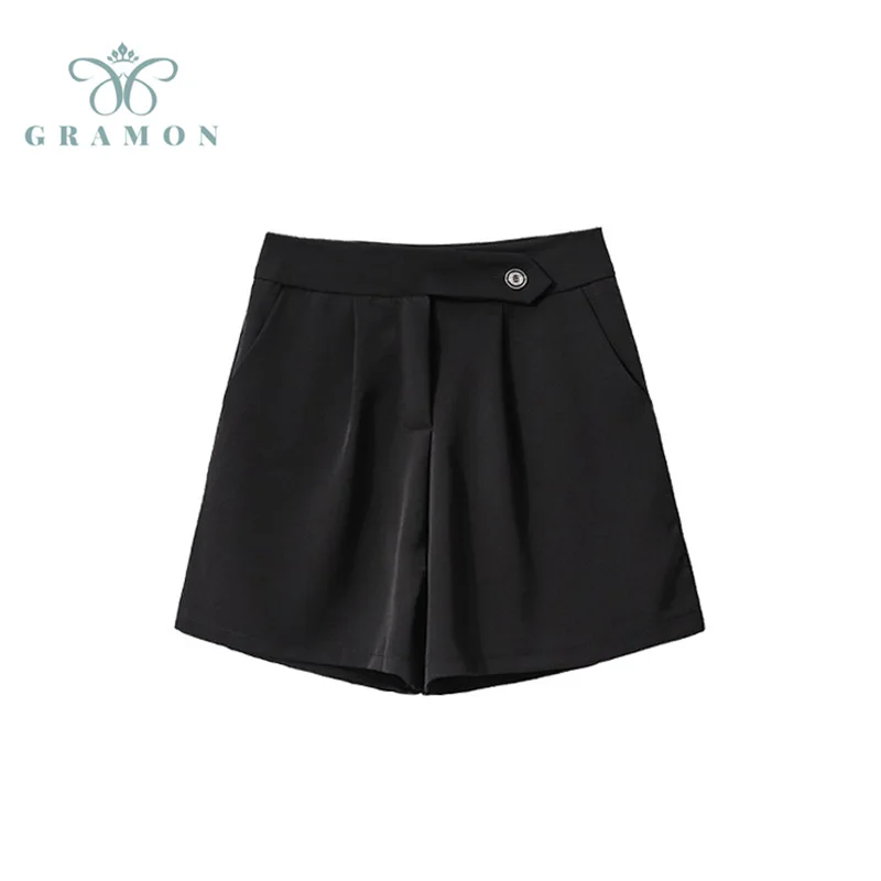 

Модные прямые широкие шорты с высокой талией и карманами в Корейском стиле для офиса, женские повседневные Простые свободные шорты, Новинка...