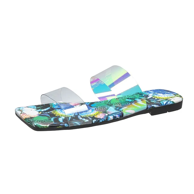 

2021 New Summer Cool And Comfortable Printing Transparent Strip Flat Bottom Square Toe Women's Slippers