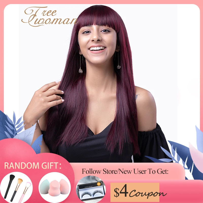 Свободные женские прямые волосы с челкой Длинные Синтетические темно красные